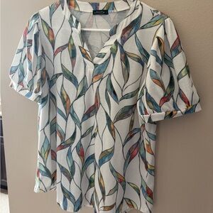 Colorful design Graphic Short Sleeve Blouse with Mandarin Collar, Sz L